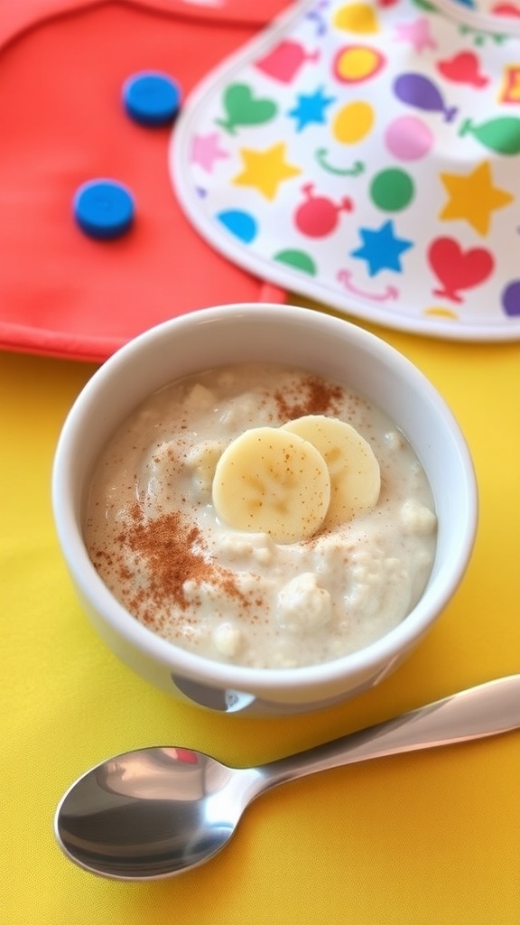 A bowl of baby oatmeal with banana and cinnamon on a colorful tablecloth.